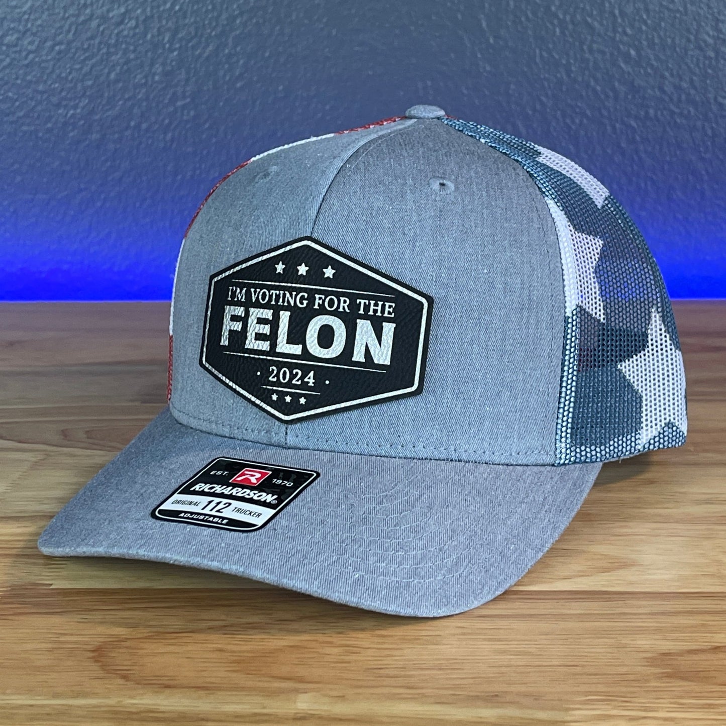 I'M VOTING FOR THE FELON Trump 2024 Leather Patch SnapBack Trucker Hat Black/Silver - Hollow Point Society - Patch Hat