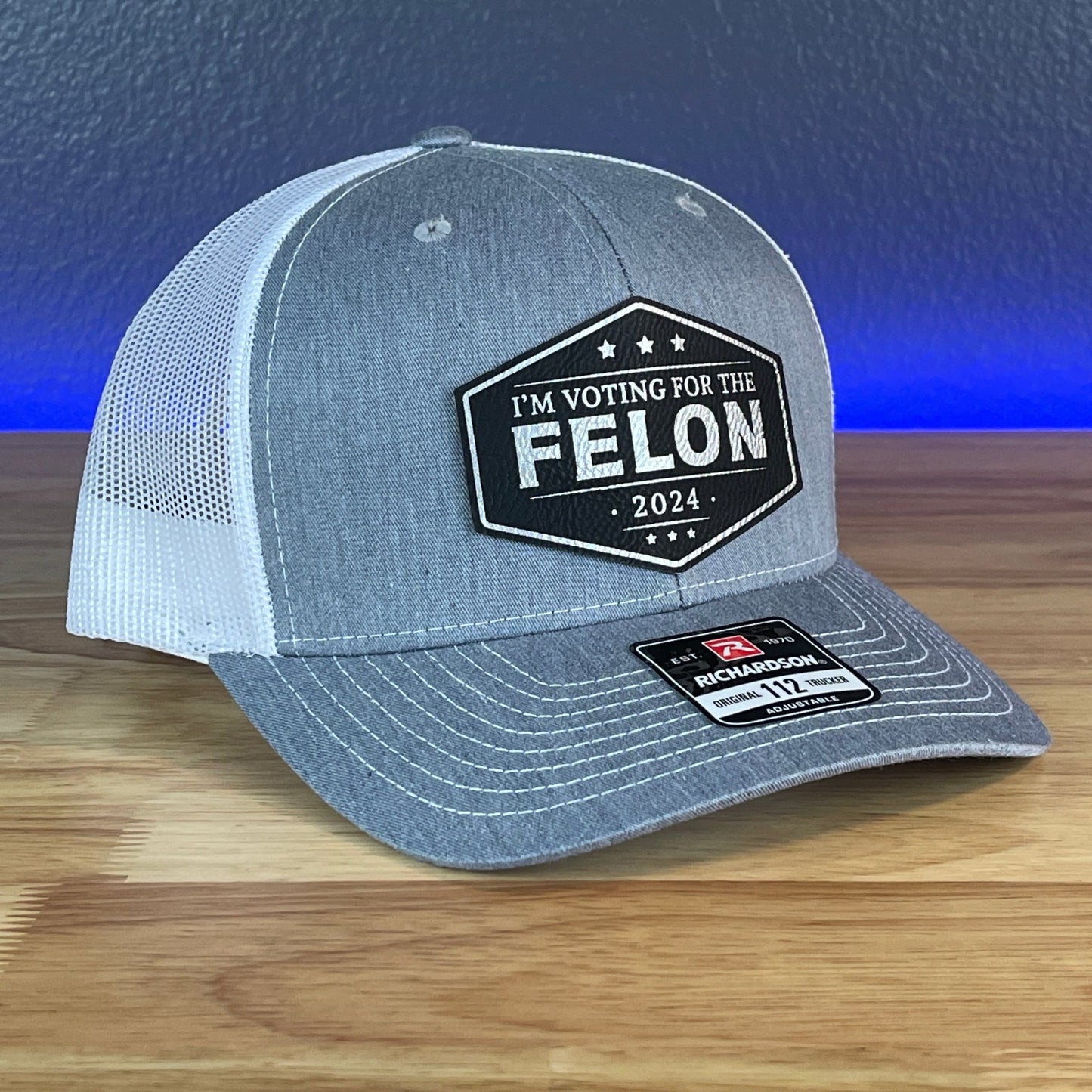 I'M VOTING FOR THE FELON Trump 2024 Leather Patch SnapBack Trucker Hat Black/Silver - Hollow Point Society - Patch Hat