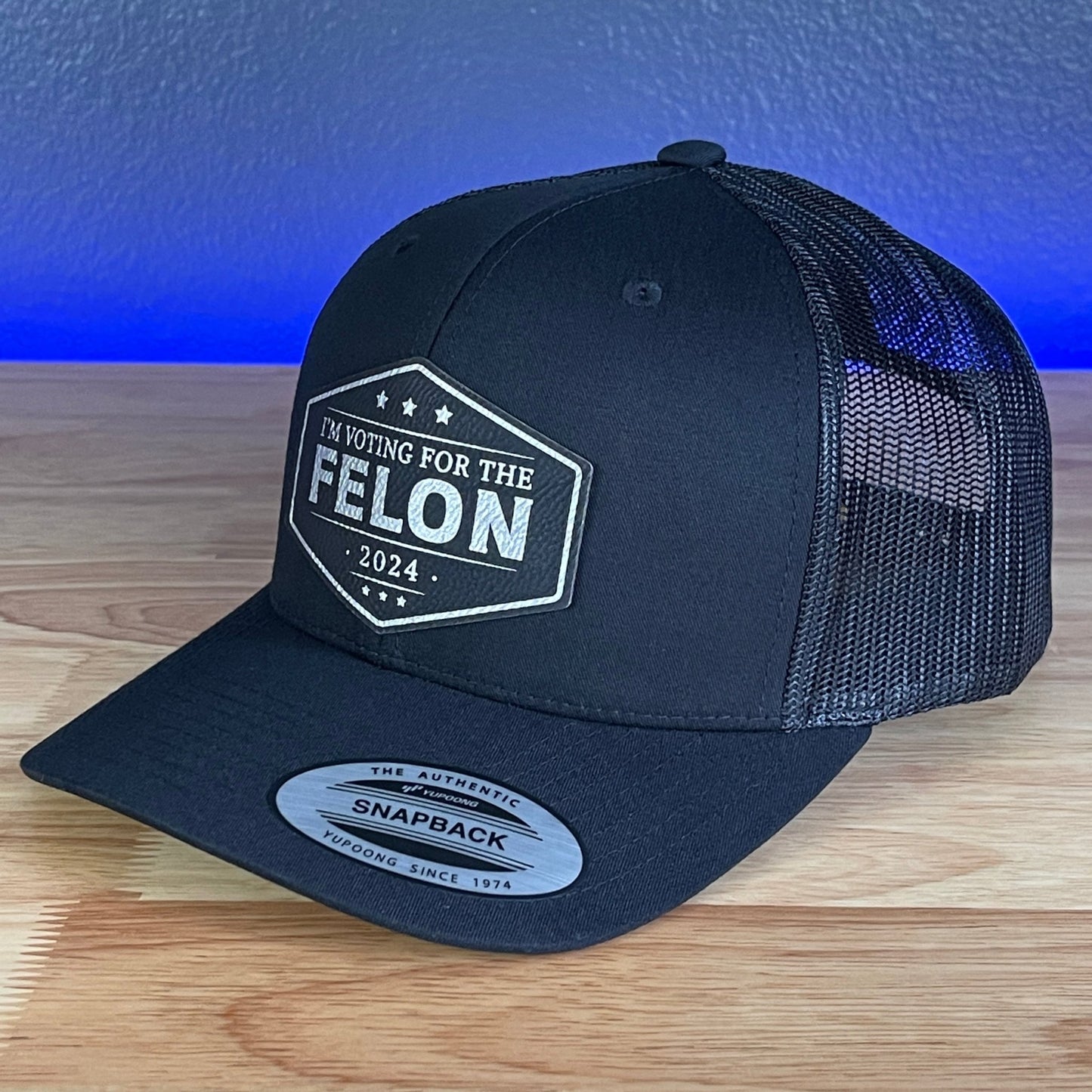 I'M VOTING FOR THE FELON Trump 2024 Leather Patch SnapBack Trucker Hat Black/Silver - Hollow Point Society - Patch Hat