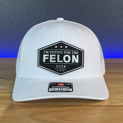 I'M VOTING FOR THE FELON Trump 2024 Leather Patch SnapBack Trucker Hat Black/Silver - Hollow Point Society - Patch Hat