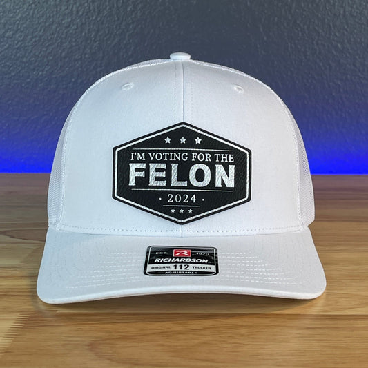 I'M VOTING FOR THE FELON Trump 2024 Leather Patch SnapBack Trucker Hat Black/Silver - Hollow Point Society - Patch Hat