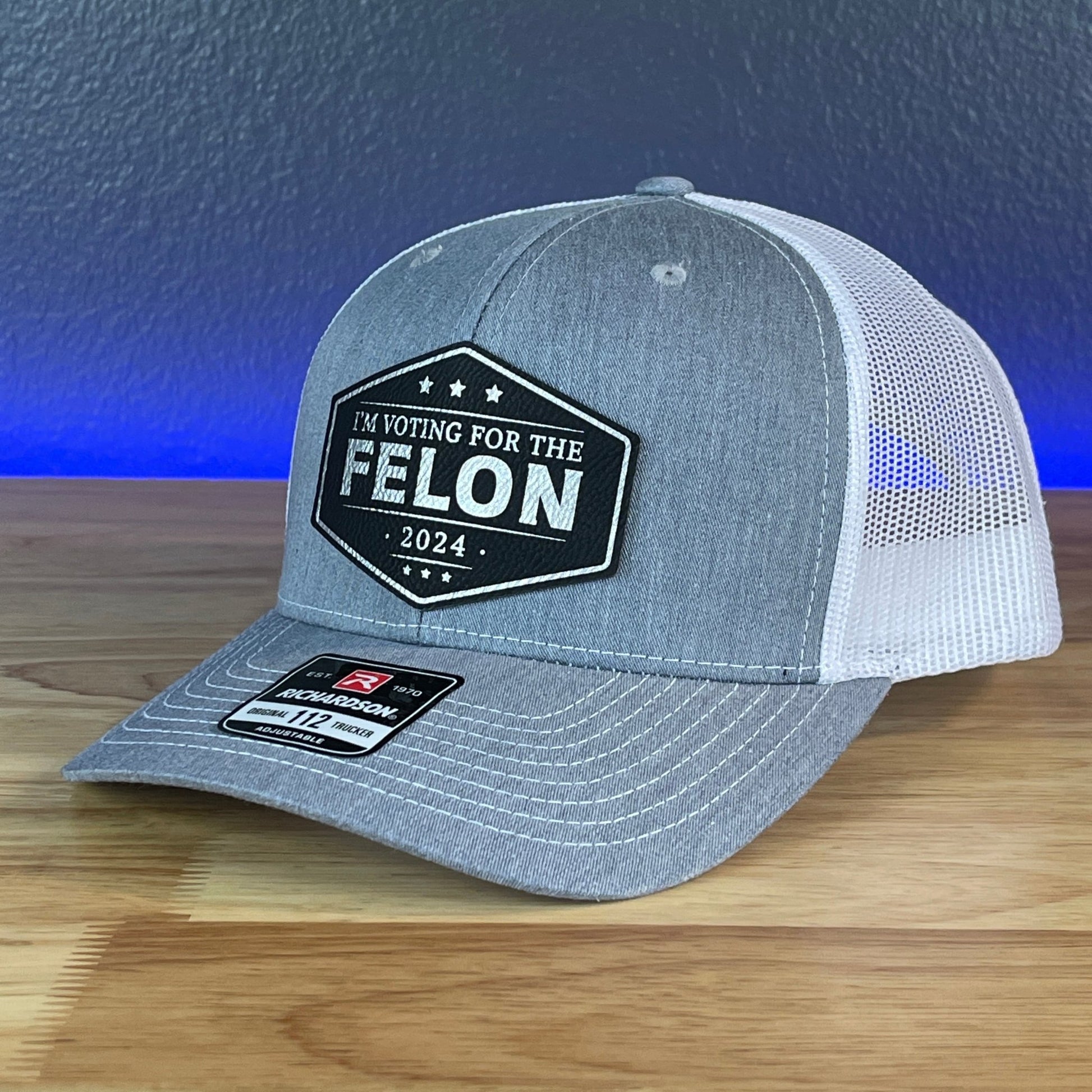 I'M VOTING FOR THE FELON Trump 2024 Leather Patch SnapBack Trucker Hat Black/Silver - Hollow Point Society - Patch Hat