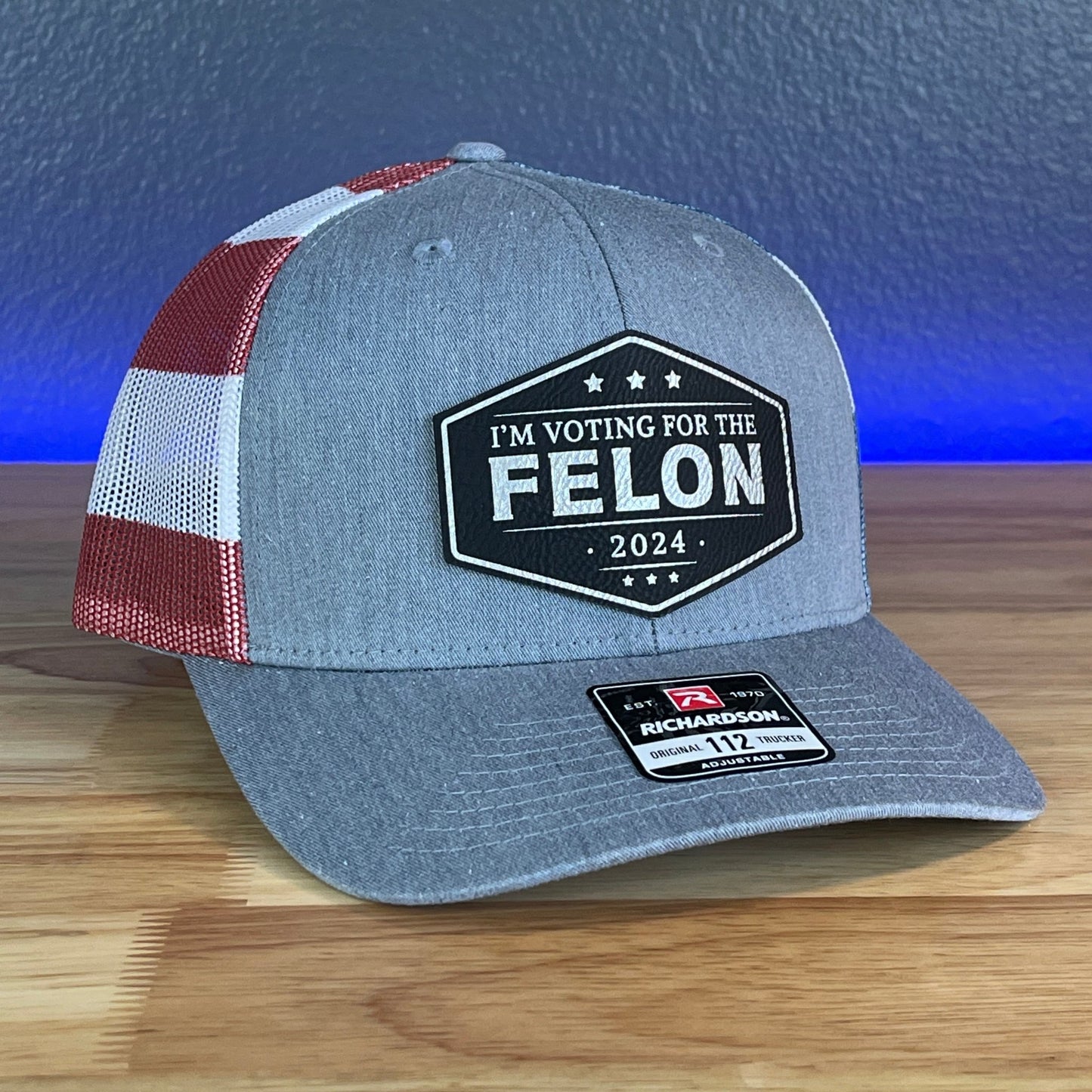 I'M VOTING FOR THE FELON Trump 2024 Leather Patch SnapBack Trucker Hat Black/Silver - Hollow Point Society - Patch Hat