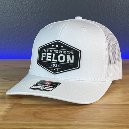 I'M VOTING FOR THE FELON Trump 2024 Leather Patch SnapBack Trucker Hat Black/Silver - Hollow Point Society - Patch Hat