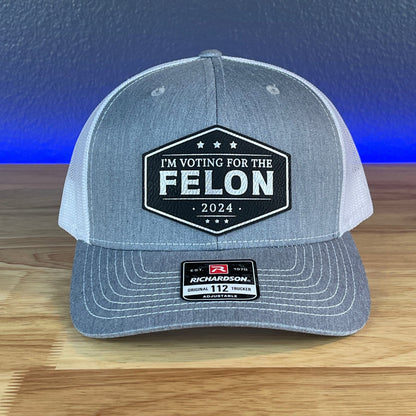 I'M VOTING FOR THE FELON Trump 2024 Leather Patch SnapBack Trucker Hat Black/Silver - Hollow Point Society - Patch Hat