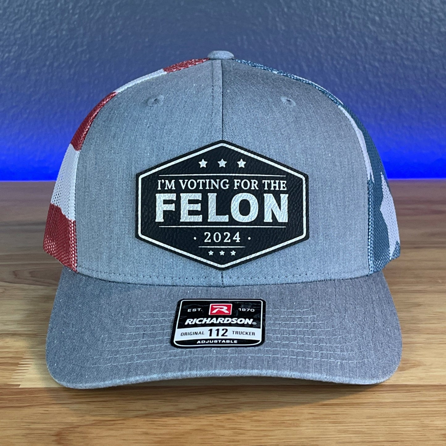 I'M VOTING FOR THE FELON Trump 2024 Leather Patch SnapBack Trucker Hat Black/Silver - Hollow Point Society - Patch Hat