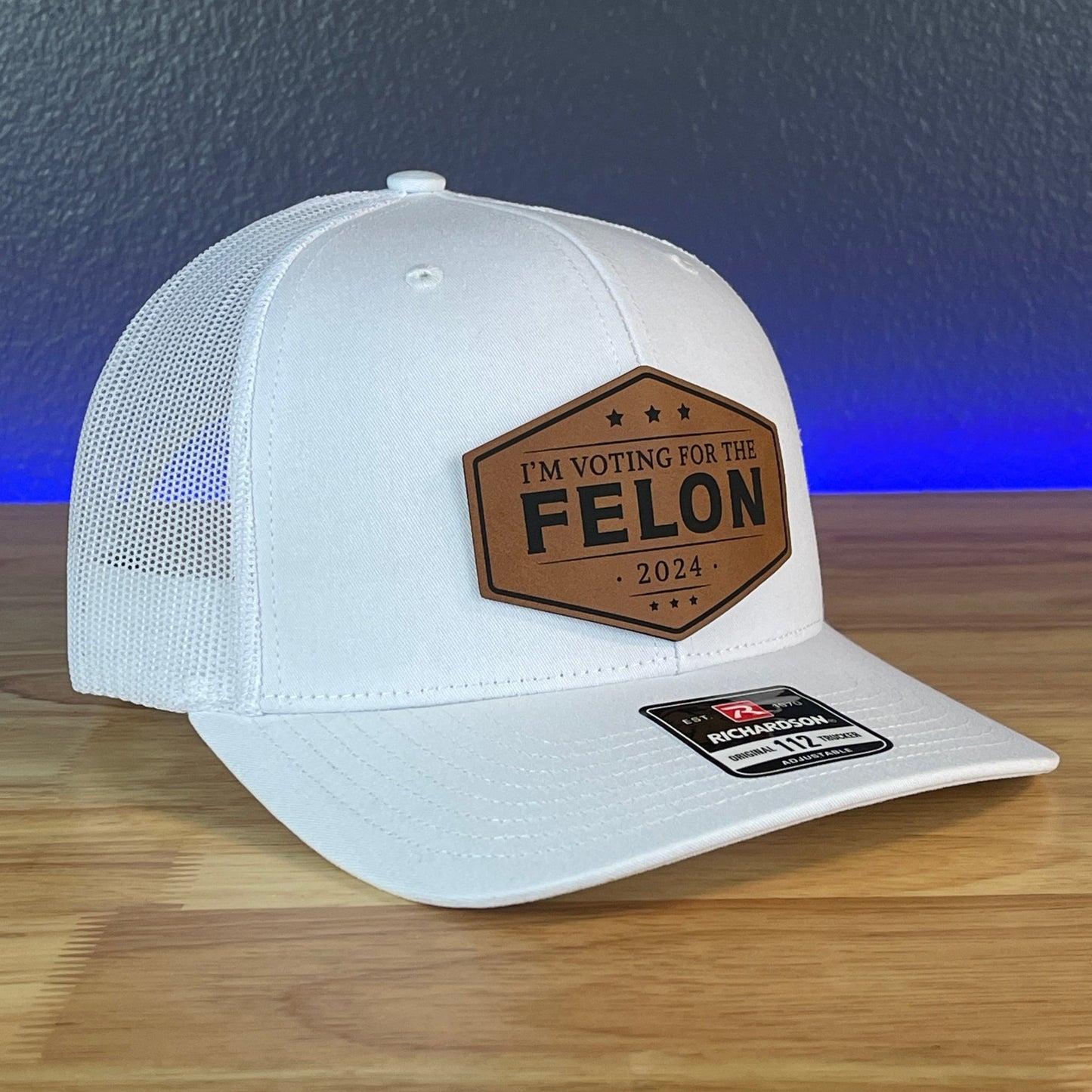 I'M VOTING FOR THE FELON Trump 2024 Leather Patch SnapBack Trucker Hat Rawhide - Hollow Point Society - Patch Hat