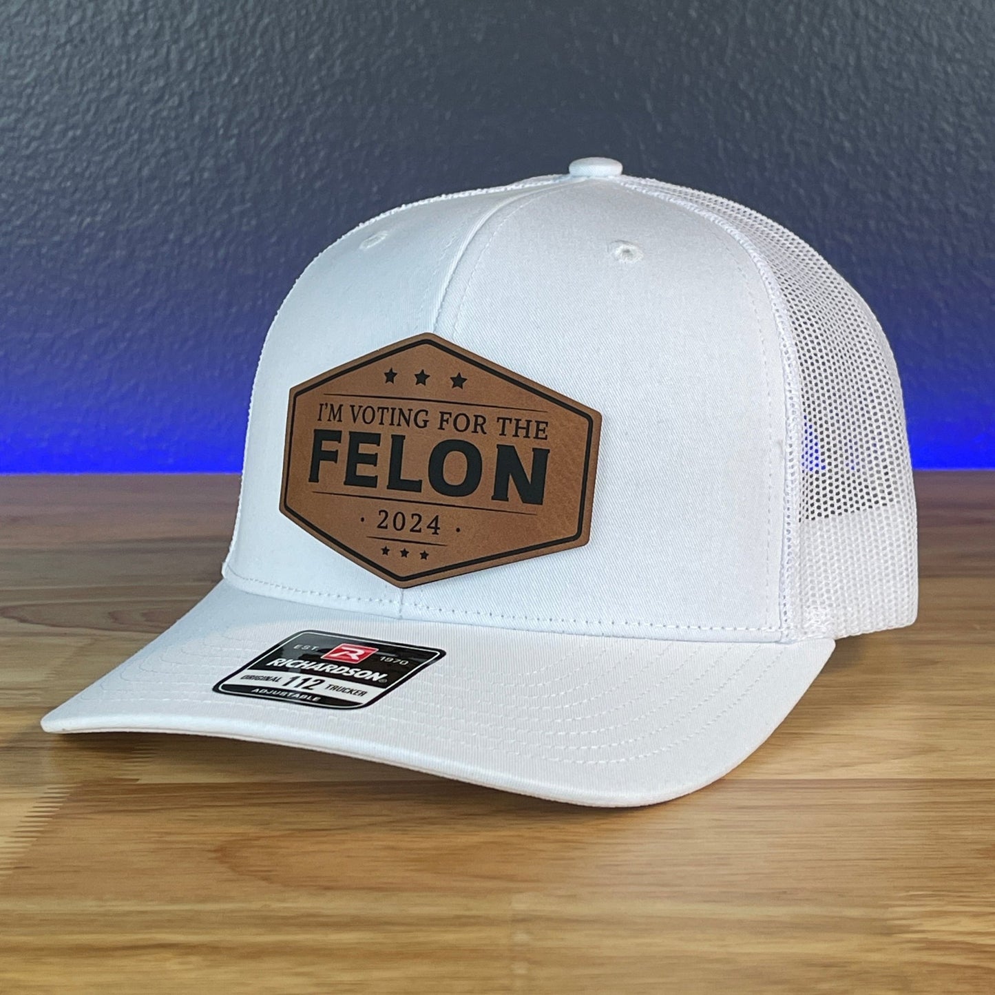 I'M VOTING FOR THE FELON Trump 2024 Leather Patch SnapBack Trucker Hat Rawhide - Hollow Point Society - Patch Hat