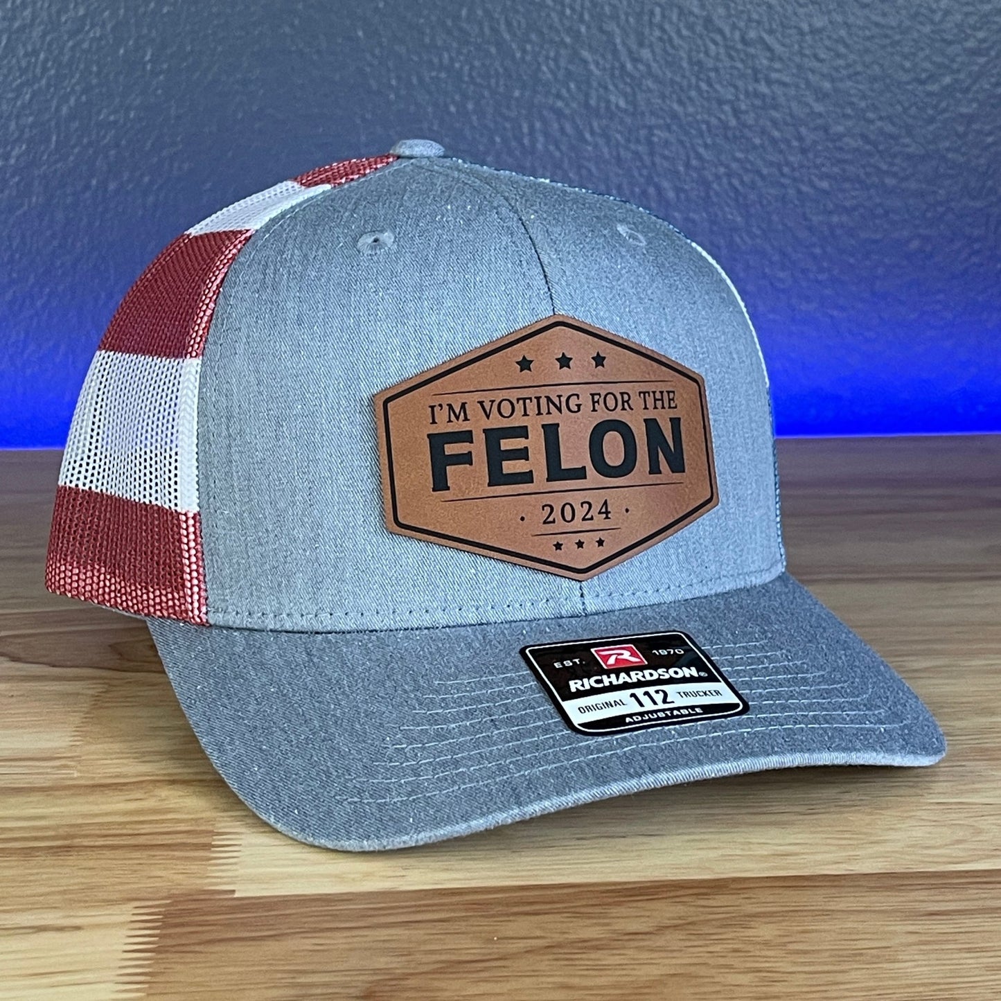 I'M VOTING FOR THE FELON Trump 2024 Leather Patch SnapBack Trucker Hat Rawhide - Hollow Point Society - Patch Hat