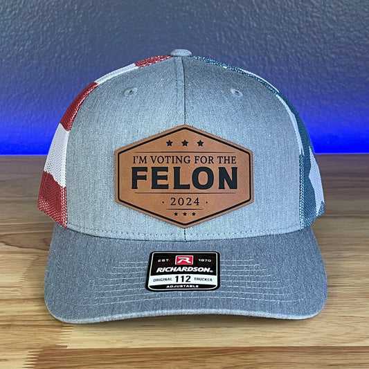 I'M VOTING FOR THE FELON Trump 2024 Leather Patch SnapBack Trucker Hat Rawhide - Hollow Point Society - Patch Hat