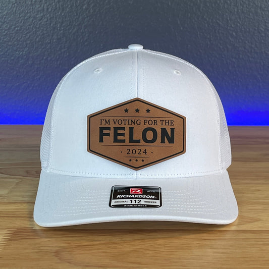 I'M VOTING FOR THE FELON Trump 2024 Leather Patch SnapBack Trucker Hat Rawhide - Hollow Point Society - Patch Hat