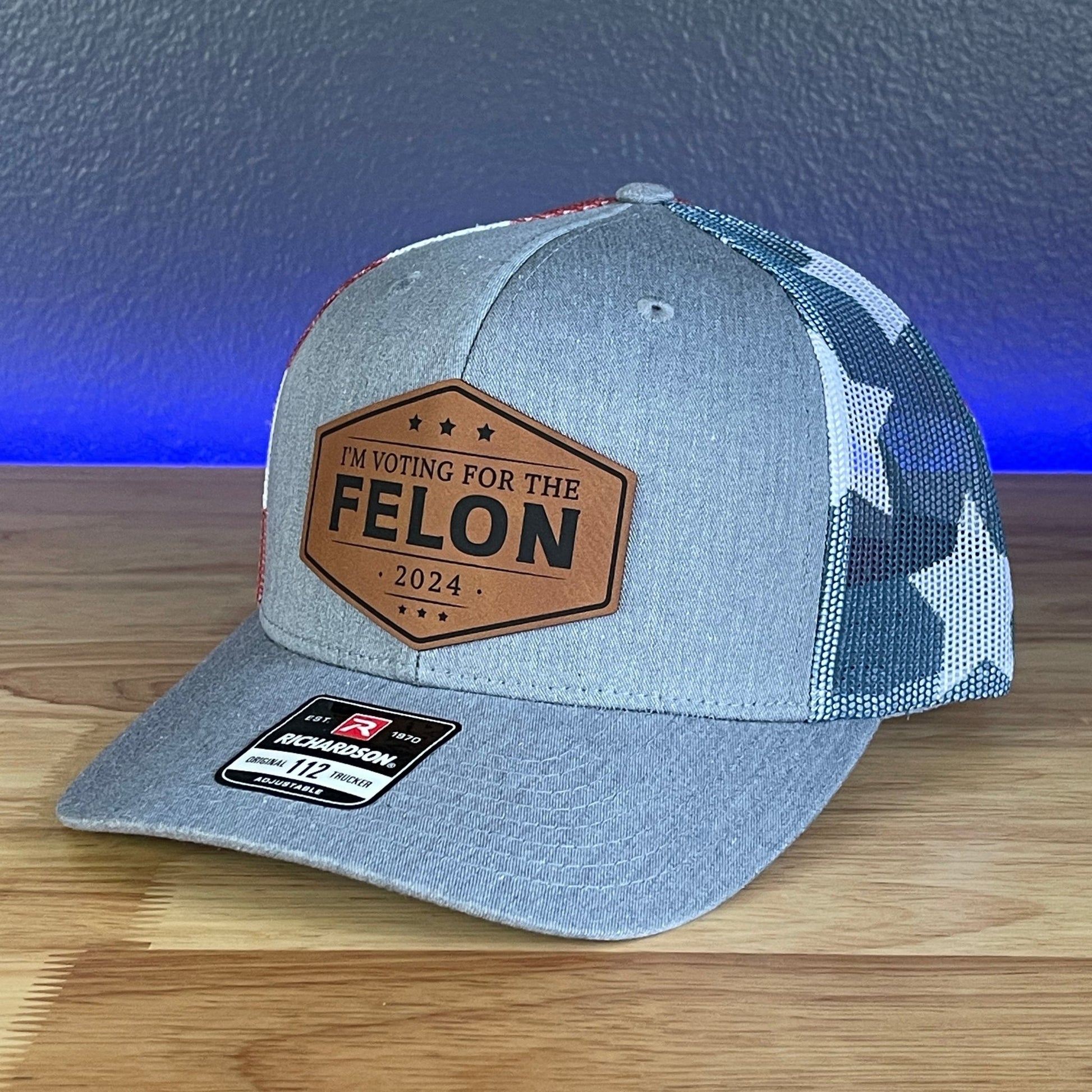 I'M VOTING FOR THE FELON Trump 2024 Leather Patch SnapBack Trucker Hat Rawhide - Hollow Point Society - Patch Hat