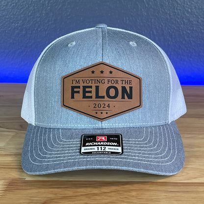 I'M VOTING FOR THE FELON Trump 2024 Leather Patch SnapBack Trucker Hat Rawhide - Hollow Point Society - Patch Hat