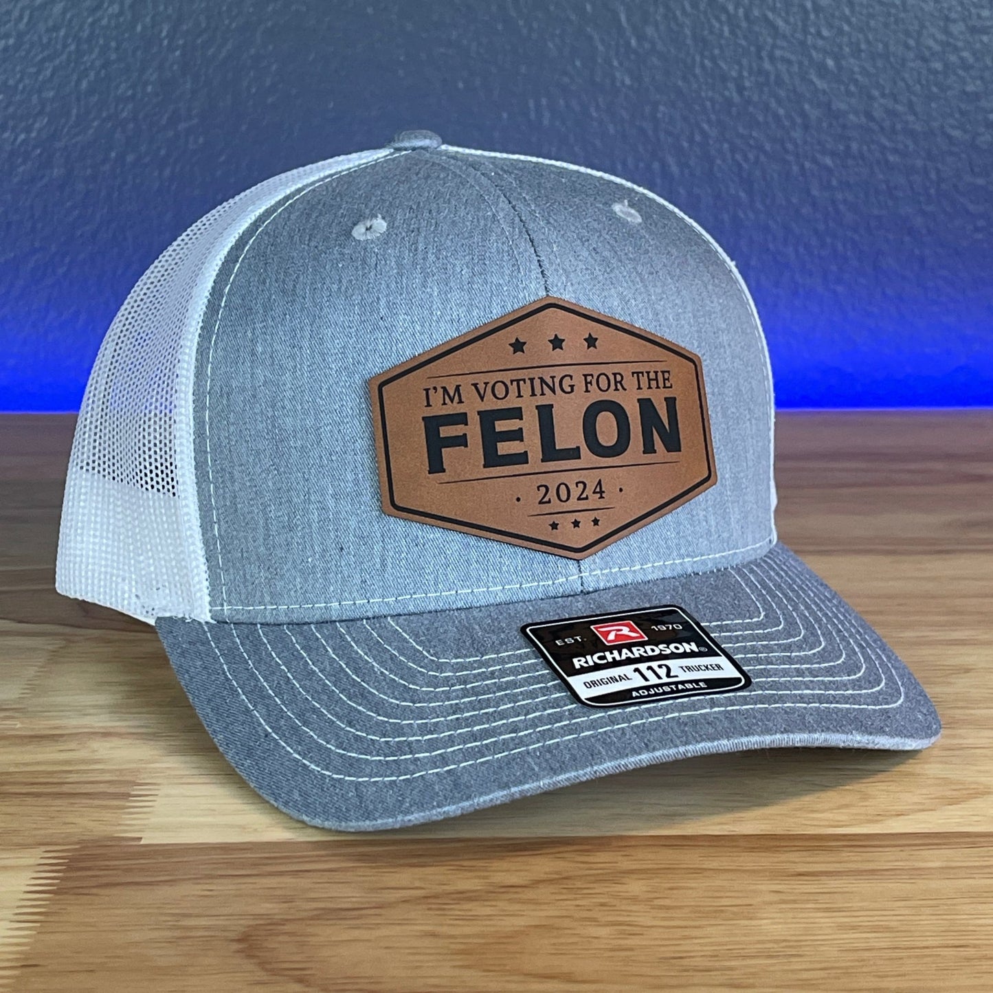 I'M VOTING FOR THE FELON Trump 2024 Leather Patch SnapBack Trucker Hat Rawhide - Hollow Point Society - Patch Hat