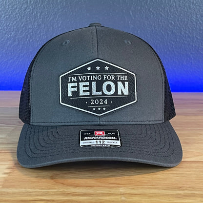 I'M VOTING FOR THE FELON Trump 2024 Patriotic Leather Patch Hat Black/Silver Patch - Hollow Point Society - Patch Hat