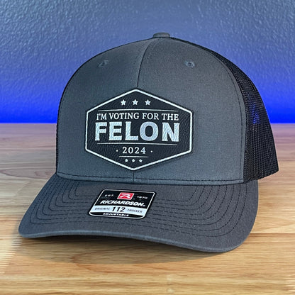 I'M VOTING FOR THE FELON Trump 2024 Patriotic Leather Patch Hat Black/Silver Patch - Hollow Point Society - Patch Hat