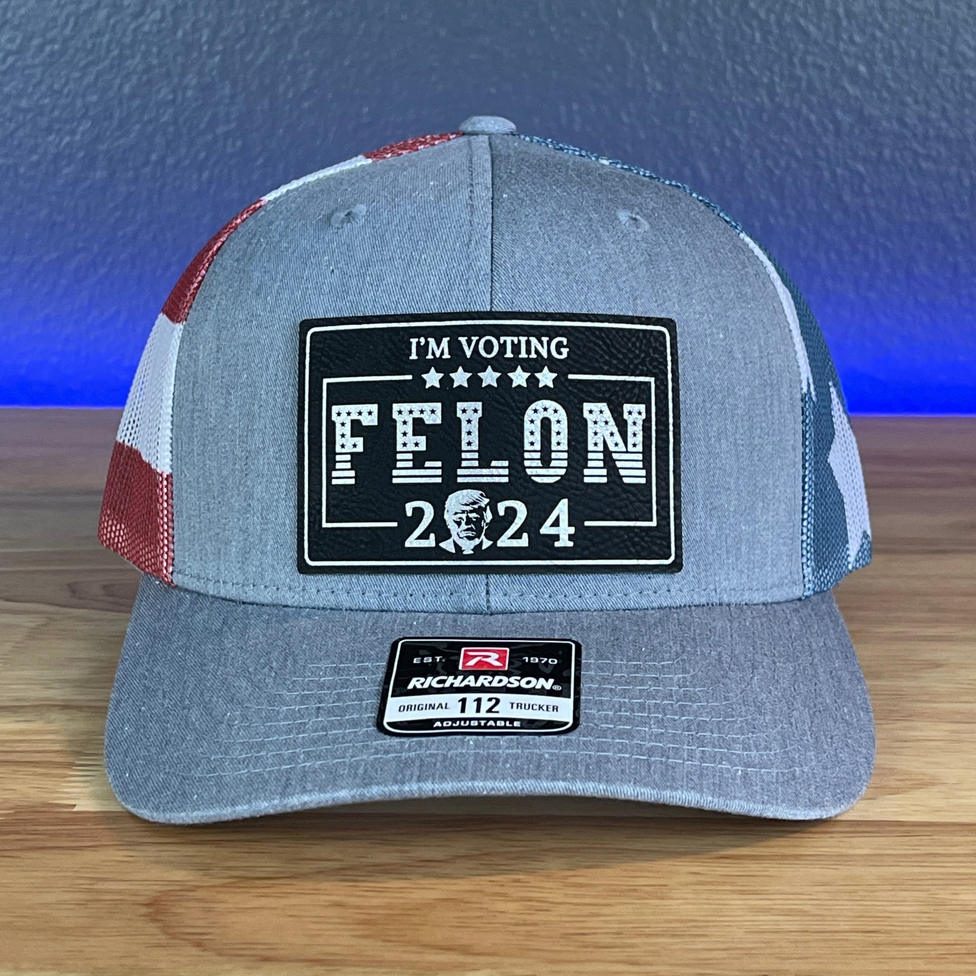 I'M VOTING FOR THE FELON Trump 2024 Rectangular Leather Patch SnapBack Trucker Hat Black/Silver - Hollow Point Society - Patch Hat