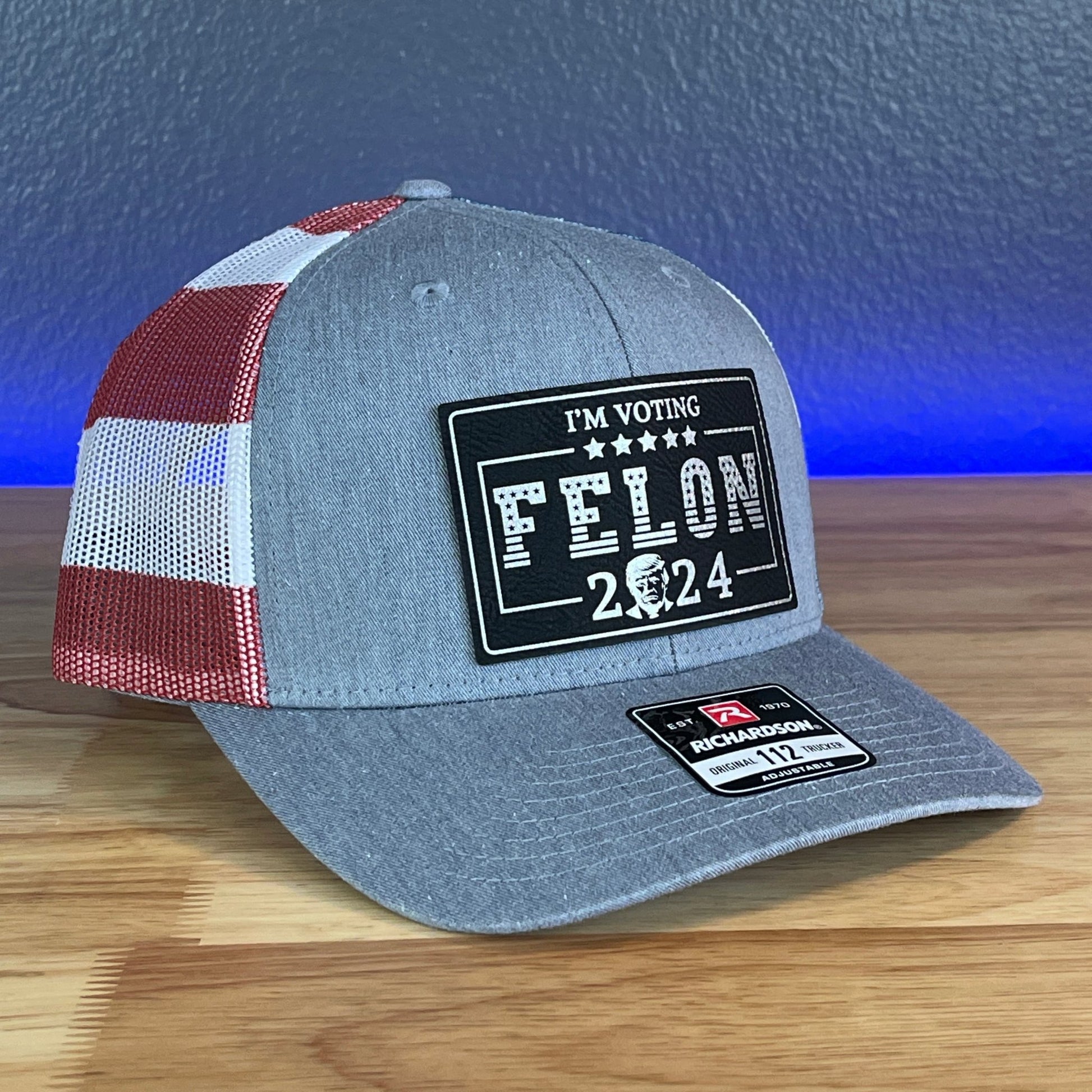 I'M VOTING FOR THE FELON Trump 2024 Rectangular Leather Patch SnapBack Trucker Hat Black/Silver - Hollow Point Society - Patch Hat