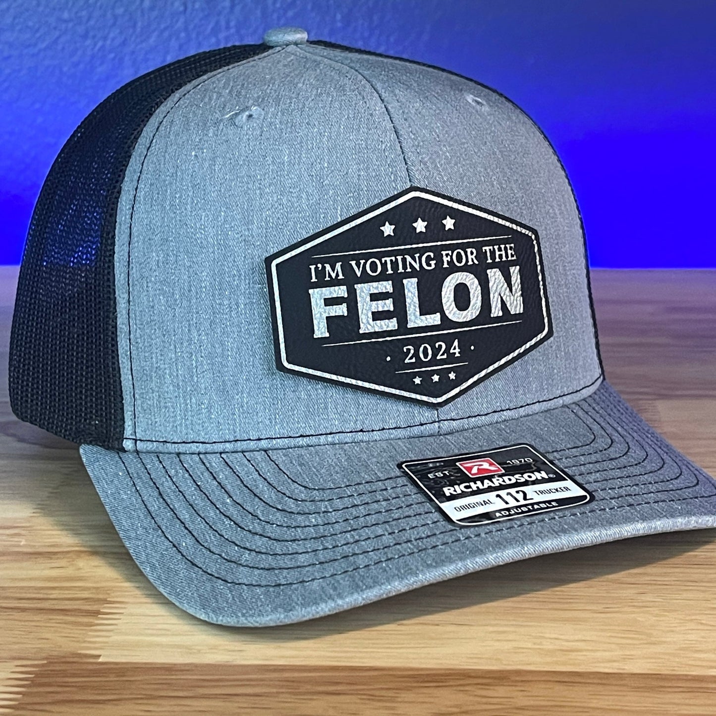 I'm Voting For The FELON Trump 2024 Trucker Hat Leather Patch Hat Black/Silver - Hollow Point Society - Patch Hat