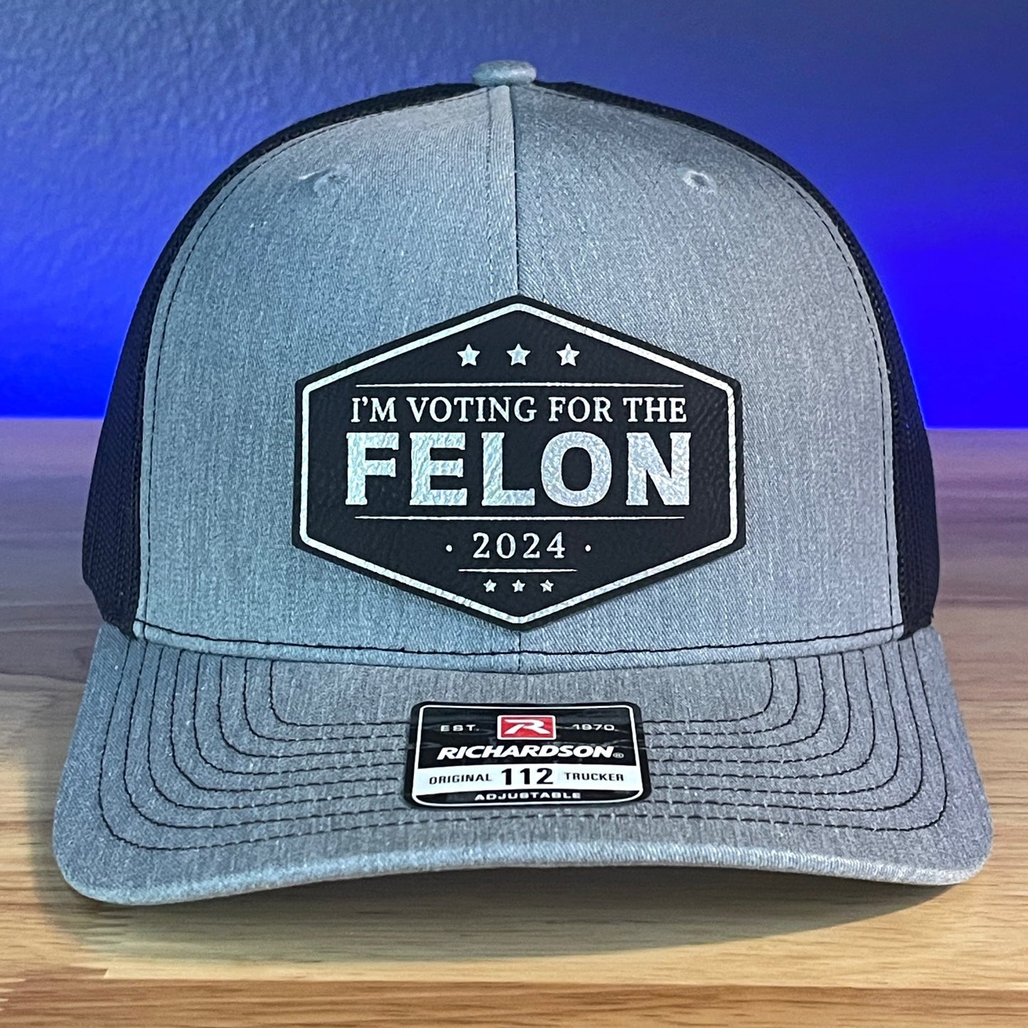 I'm Voting For The FELON Trump 2024 Trucker Hat Leather Patch Hat Black/Silver - Hollow Point Society - Patch Hat