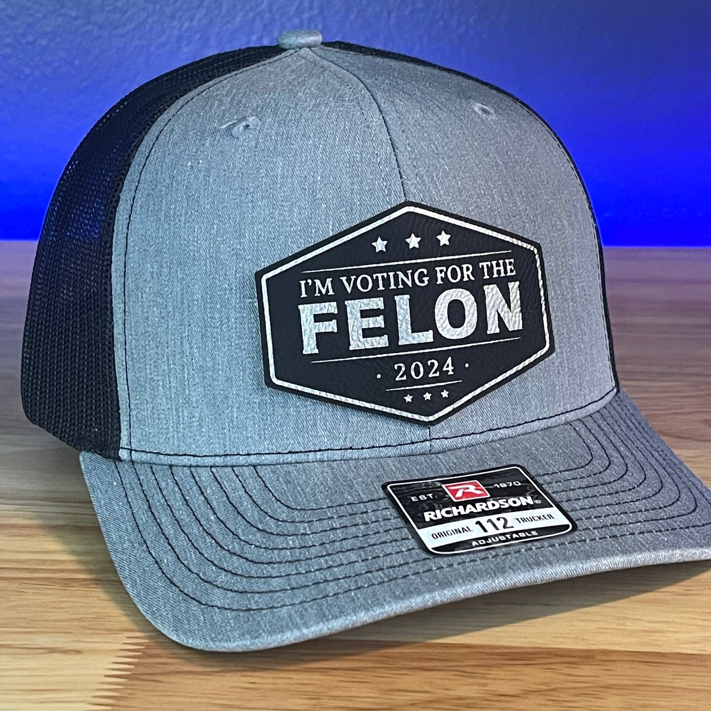 I'm Voting For The FELON Trump 2024 Trucker Hat Leather Patch Hat Black/Silver - Hollow Point Society - Patch Hat