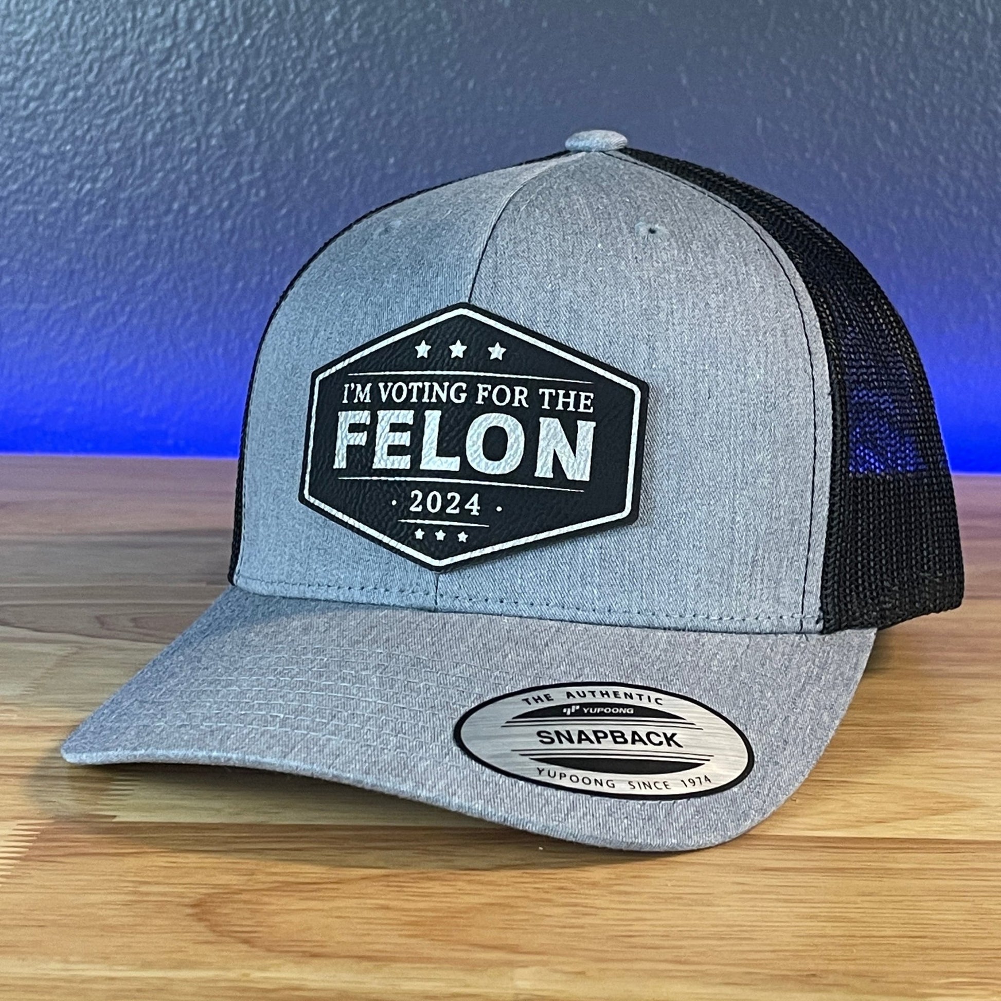 I'm Voting For The FELON Trump 2024 Trucker Hat Leather Patch Hat Black/Silver - Hollow Point Society - Patch Hat