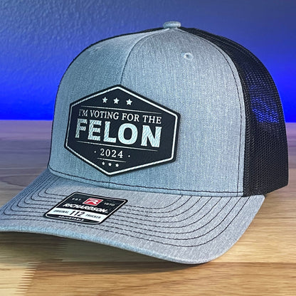 I'm Voting For The FELON Trump 2024 Trucker Hat Leather Patch Hat Black/Silver - Hollow Point Society - Patch Hat