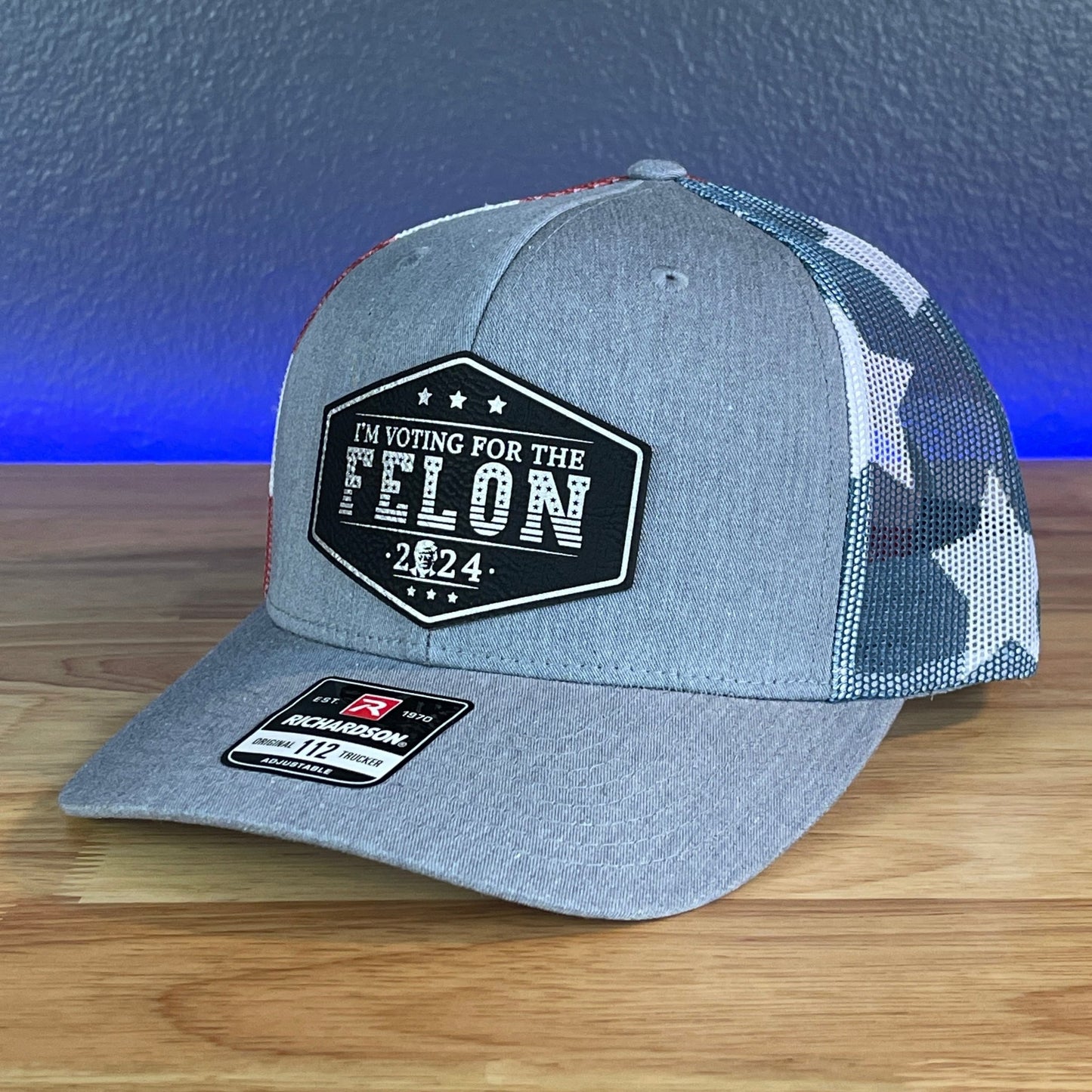 I'M VOTING FOR THE FELON Trump Face 2024 Leather Patch SnapBack Trucker Hat Black/Silver - Hollow Point Society - Patch Hat