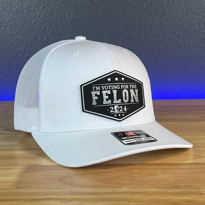 I'M VOTING FOR THE FELON Trump Face 2024 Leather Patch SnapBack Trucker Hat Black/Silver - Hollow Point Society - Patch Hat