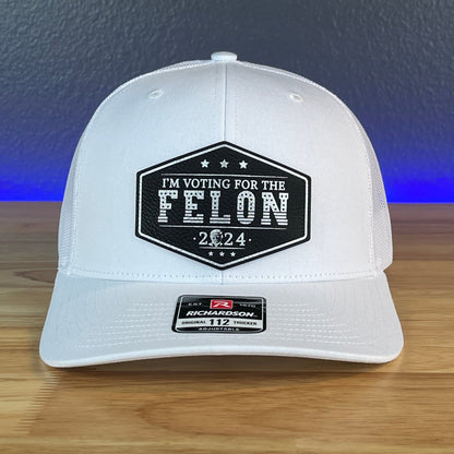 I'M VOTING FOR THE FELON Trump Face 2024 Leather Patch SnapBack Trucker Hat Black/Silver - Hollow Point Society - Patch Hat