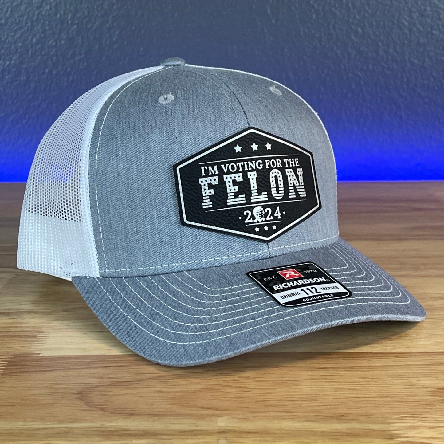 I'M VOTING FOR THE FELON Trump Face 2024 Leather Patch SnapBack Trucker Hat Black/Silver - Hollow Point Society - Patch Hat