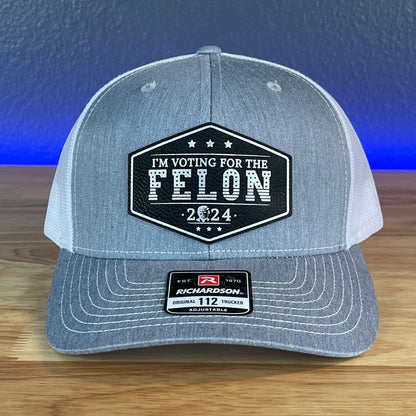 I'M VOTING FOR THE FELON Trump Face 2024 Leather Patch SnapBack Trucker Hat Black/Silver - Hollow Point Society - Patch Hat