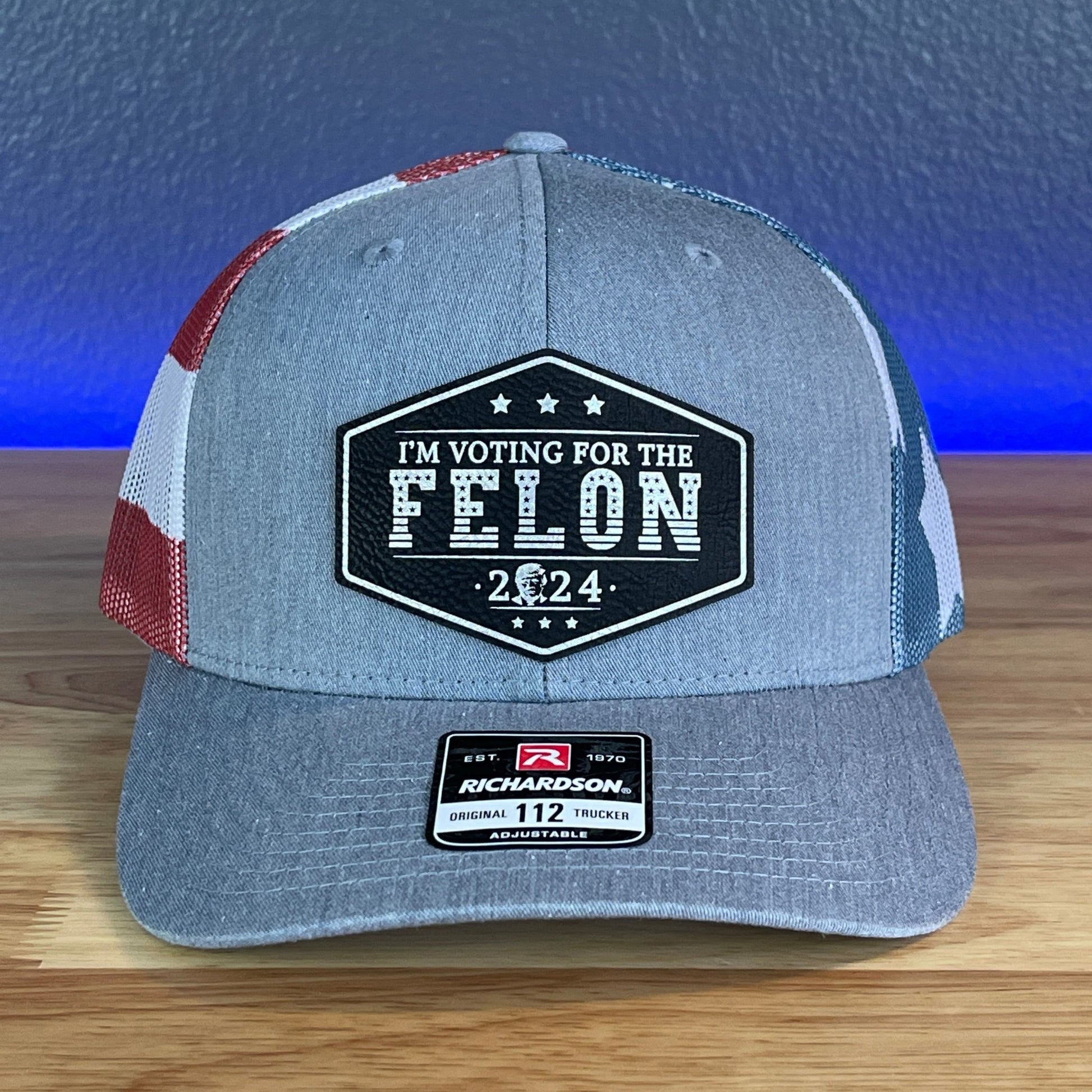 I'M VOTING FOR THE FELON Trump Face 2024 Leather Patch SnapBack Trucker Hat Black/Silver - Hollow Point Society - Patch Hat