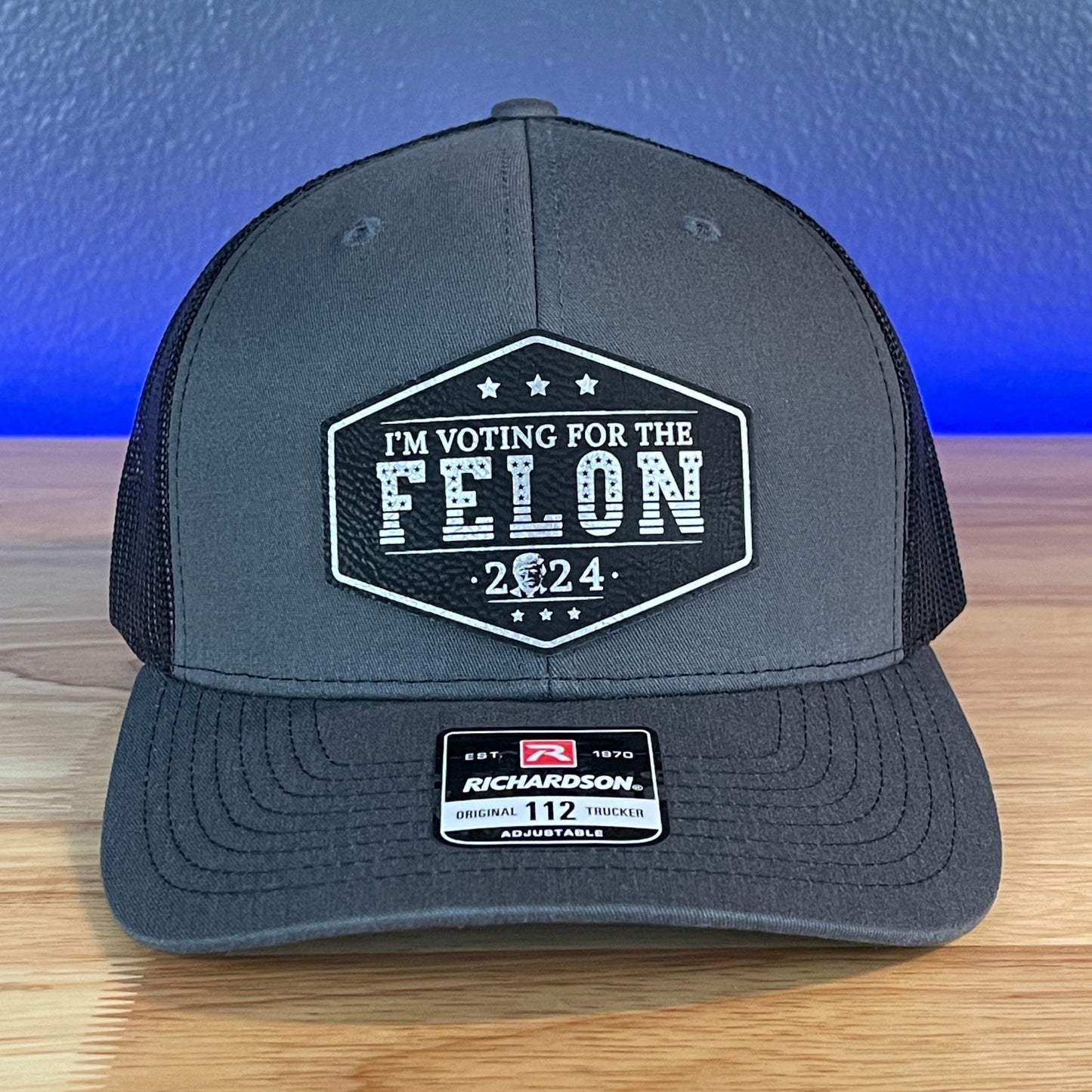 I'M VOTING FOR THE FELON Trump Face 2024 Patriotic Leather Patch Hat Black/Silver Patch - Hollow Point Society - Patch Hat