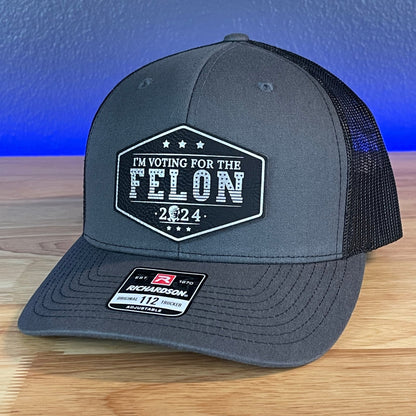 I'M VOTING FOR THE FELON Trump Face 2024 Patriotic Leather Patch Hat Black/Silver Patch - Hollow Point Society - Patch Hat