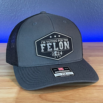 I'M VOTING FOR THE FELON Trump Face 2024 Patriotic Leather Patch Hat Black/Silver Patch - Hollow Point Society - Patch Hat