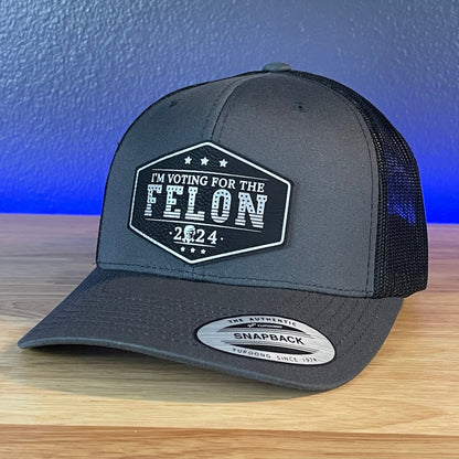 I'M VOTING FOR THE FELON Trump Face 2024 Patriotic Leather Patch Hat Black/Silver Patch - Hollow Point Society - Patch Hat