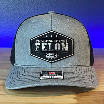 I'm Voting For The FELON Trump Face 2024 Trucker Hat Leather Patch Hat Black/Silver - Hollow Point Society - Patch Hat