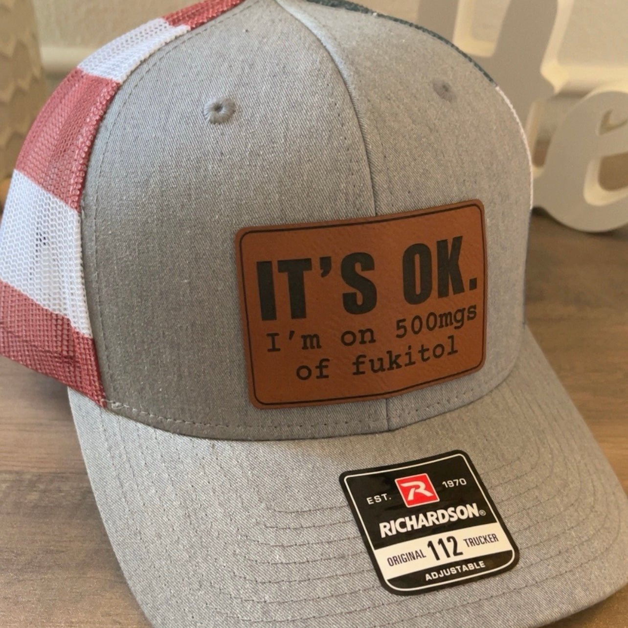 It's Ok I'm On 500mgs of Fukitol Leather Patch Hat Stars & Stripes - Hollow Point Society - Patch Hat