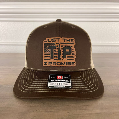 Just The Tip, I Promise 2A 2nd Amendment Trucker Leather Patch Hat Brown - Hollow Point Society - Patch Hat