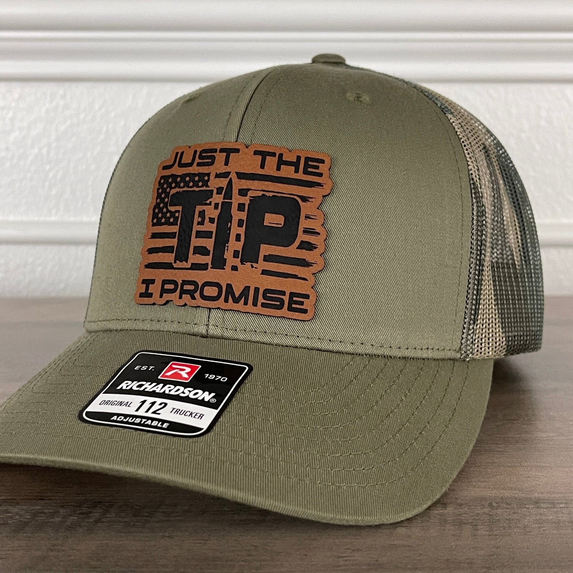 Just the TIP I Promise 2nd Amendment American Flag Patriotic 2A Leather Patch Hat Green/Camo - Hollow Point Society - Patch Hat