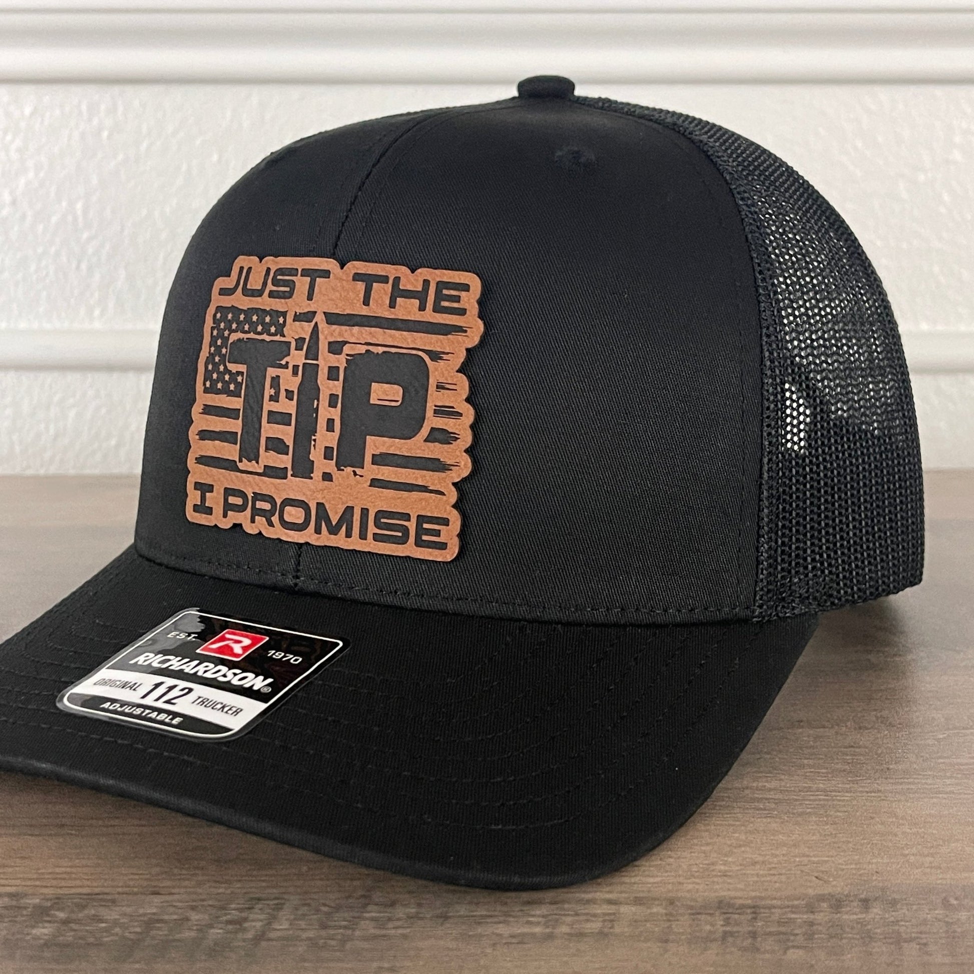 JUST THE TIP, I PROMISE Flag 2A 2nd Amendment Leather Patch Hat Black - Hollow Point Society - Patch Hat