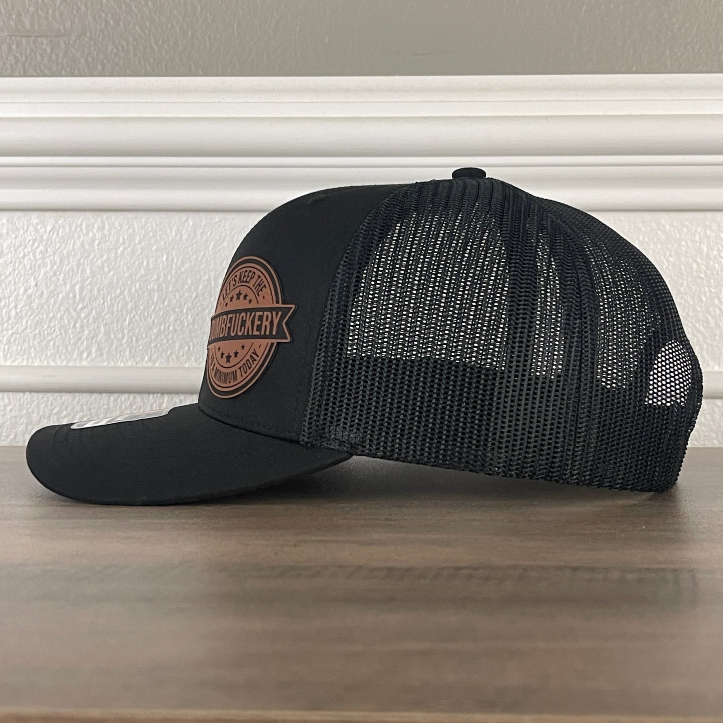 Let's Keep The DUMBFCKERY To A Minimum Side Leather Patch Hat Black - Hollow Point Society - Patch Hat