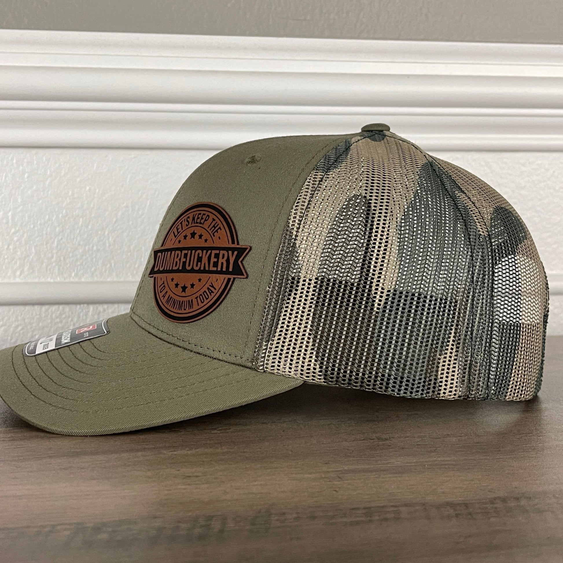 Let's Keep The DUMBFCKERY To A Minimum Today Funny Leather Patch Hat Green/Camo - Hollow Point Society - Patch Hat