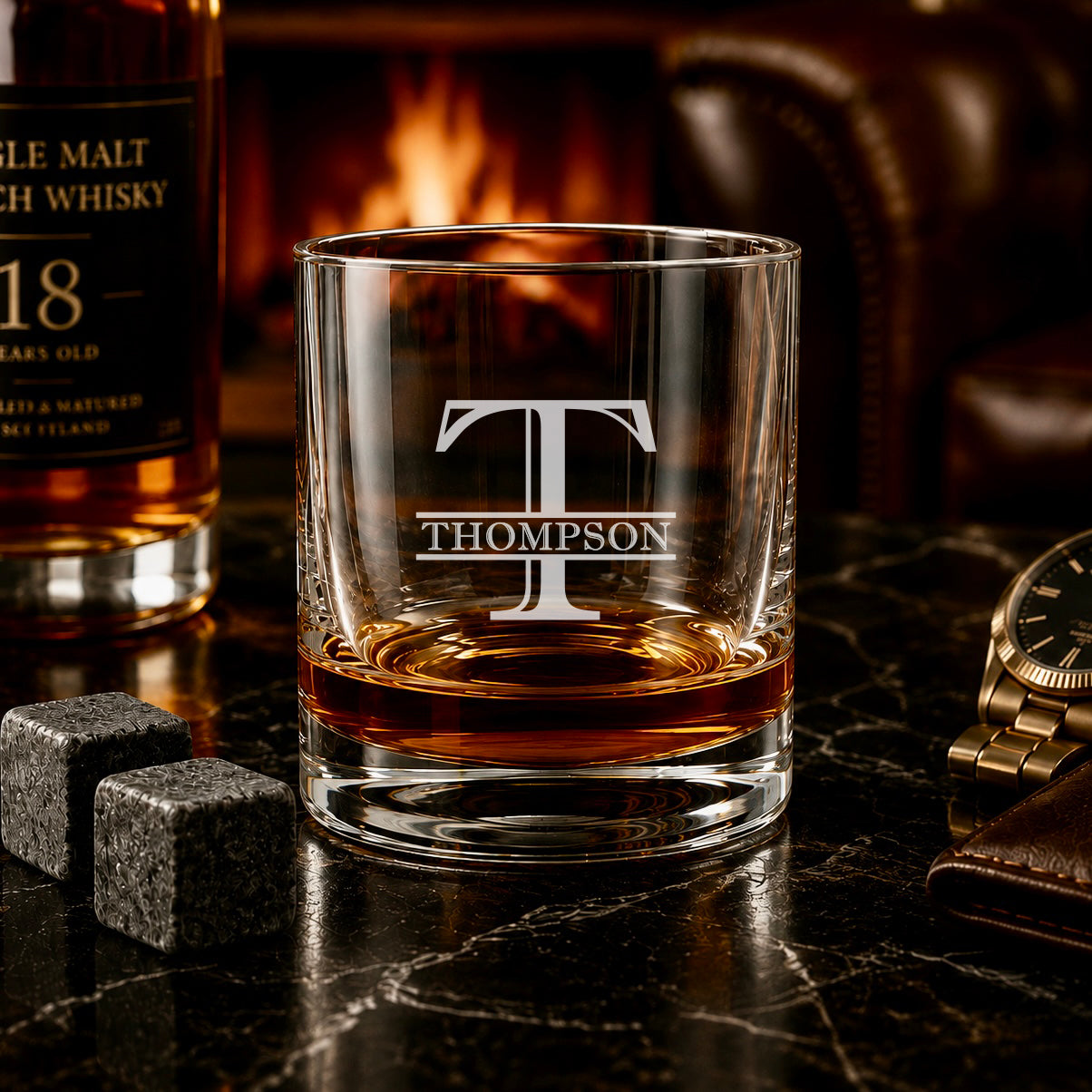 Personalized engraved  custom whiskey glass.
