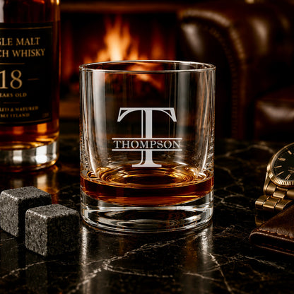 Personalized engraved  custom whiskey glass.