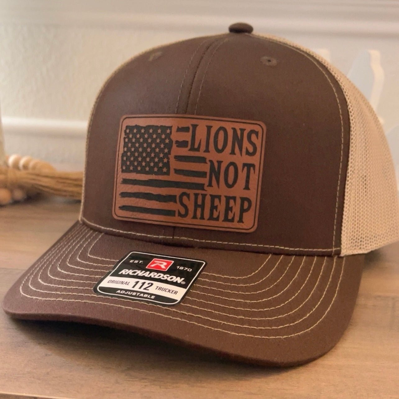 Lions Not Sheep American Flag Leather Patch Hat Brown - Hollow Point Society - Patch Hat