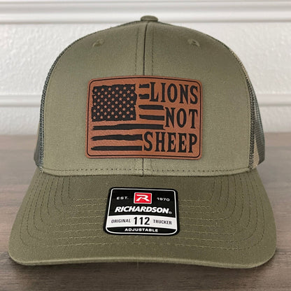 Lions Not Sheep American Flag Patriotic Leather Patch Hat Green/Camo - Hollow Point Society - Patch Hat