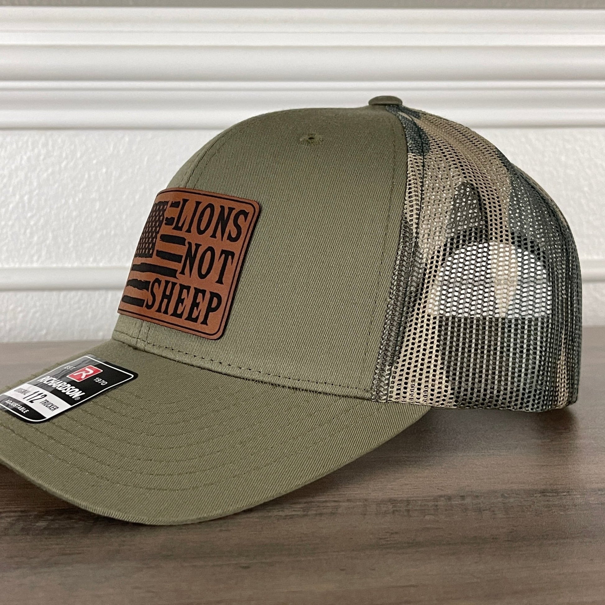 Lions Not Sheep American Flag Patriotic Leather Patch Hat Green/Camo - Hollow Point Society - Patch Hat