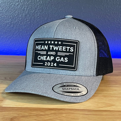 Trump Hat MEAN TWEETS and CHEAP GAS Trucker Leather Patch Hat Black/Silver - Hollow Point Society - Patch Hat